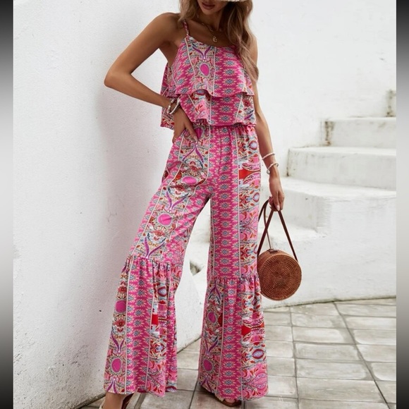 Boho Floral Paisley Ruffle Print Wide Leg Palazzo Pants Crop Cami Top Set Pink - Picture 2 of 9